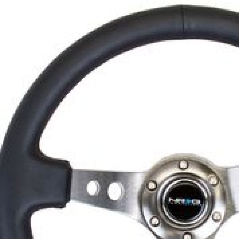 NRG — NRG Reinforced Steering Wheel (350mm / 3in. Deep) Blk Leather w/Gunmetal Circle Cutout Spokes