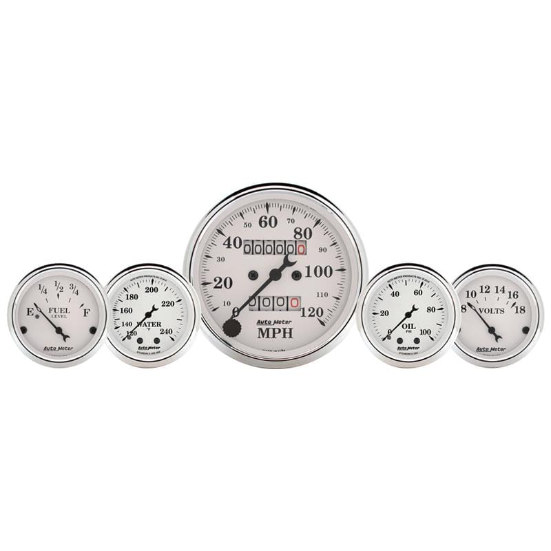 AutoMeter — AutoMeter Gauge Kit 5 Pc. 3-1/8in. & 2-1/16in. Mech. Speedo. Wtmp & Oilp Old Tyme Wht
OLD TYME WHITE 5 PC.