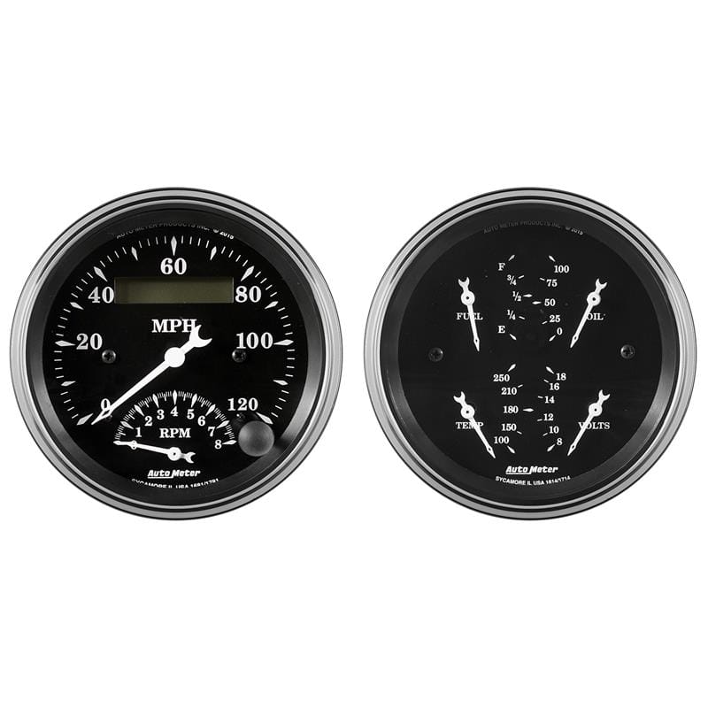 AutoMeter — Auto Meter Gauge Kit 2 pc. Quad & Tach/Speedo 3 3/8in Old Tyme Black
3-3/8" QUAD & SPEEDO