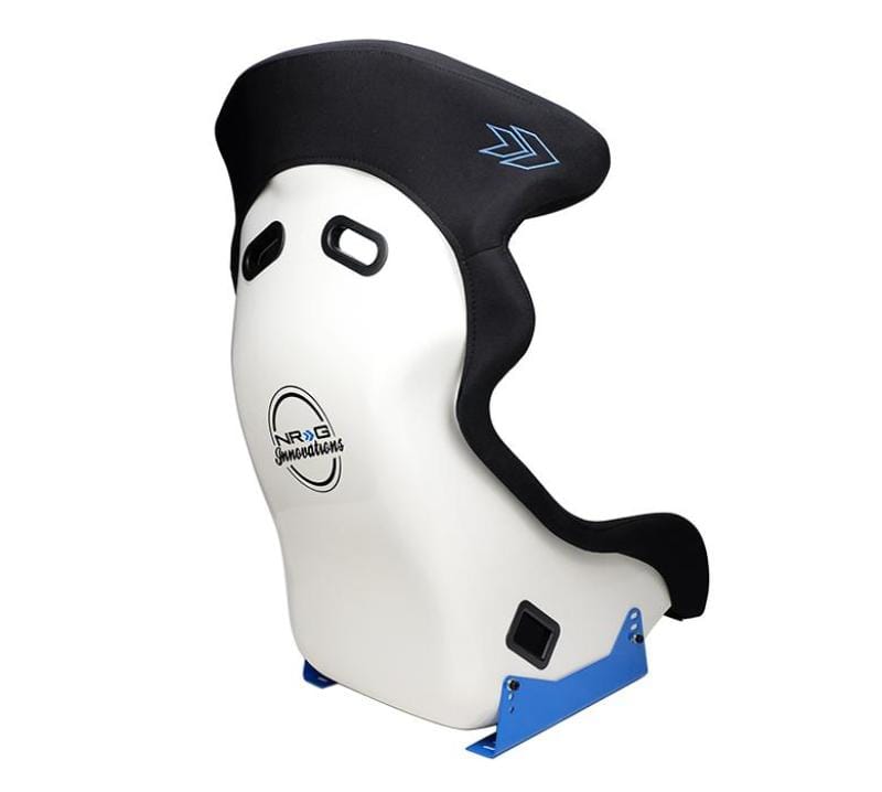 NRG — NRG FRP Bucket Seat - White Finish with Arrow Embroidery And Blue Side Mount Bracket