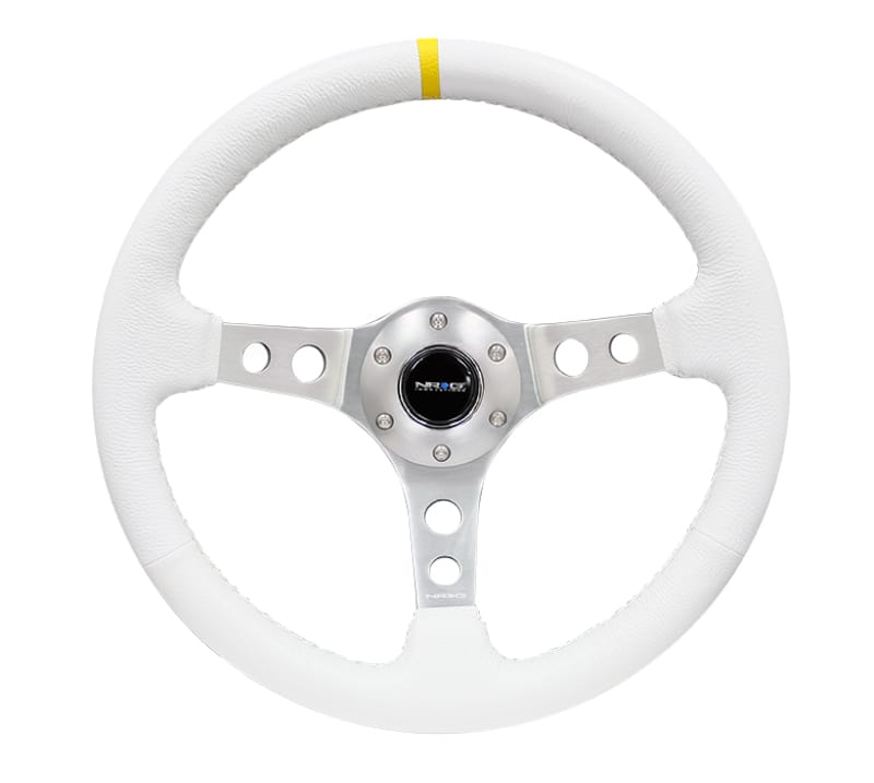 NRG — NRG Reinforced Steering Wheel (350mm / 3in. Deep) Wht Leather w/Silver Spoke & Single Yellow Mark