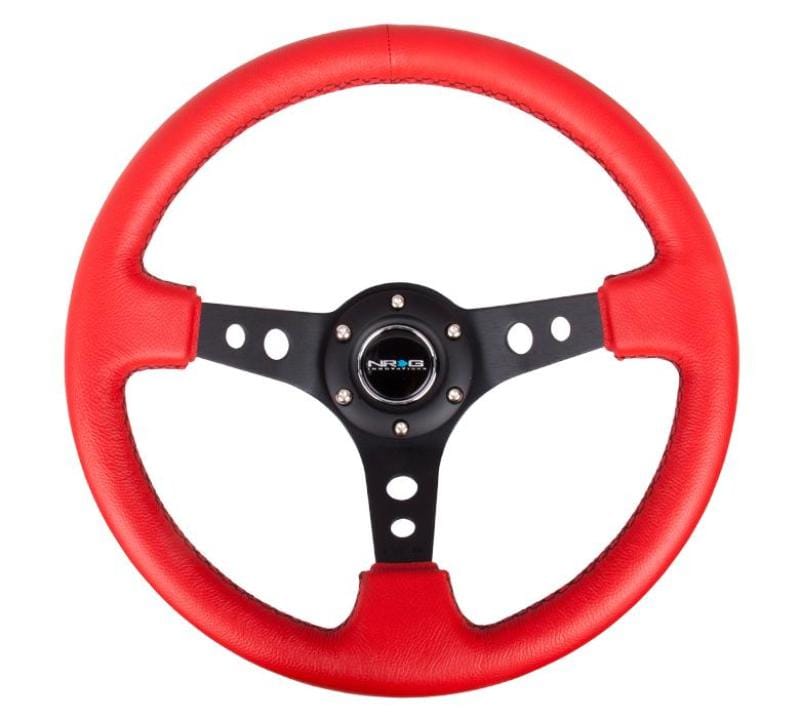 NRG — NRG Reinforced Steering Wheel (350mm / 3in. Deep) Red Leather/Blk Stitch w/Blk Spokes (Hole Cutouts)