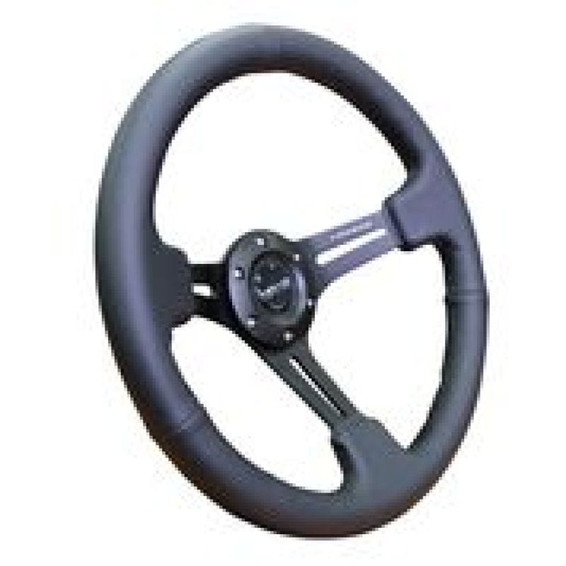 NRG — NRG Reinforced Steering Wheel (350mm / 3in. Deep) Black Leather w/ Black Stitching