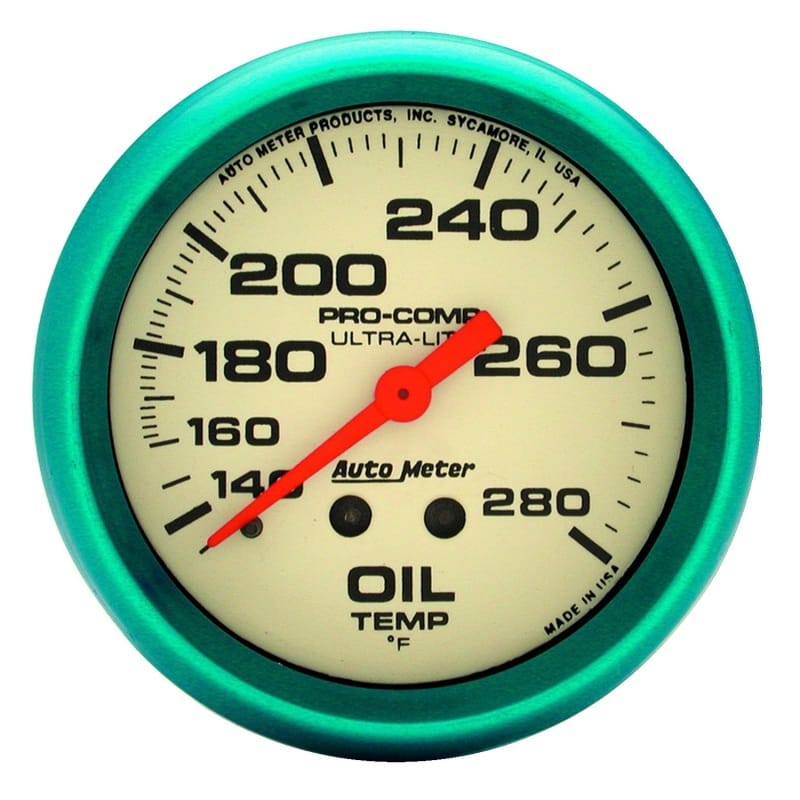 AutoMeter — Autometer Ultra-Nite 66.7mm 140-280 Deg. F Mechanical Glow In The Dark Oil Temp Gauge
GA 2.6" OT 280F 6 UN