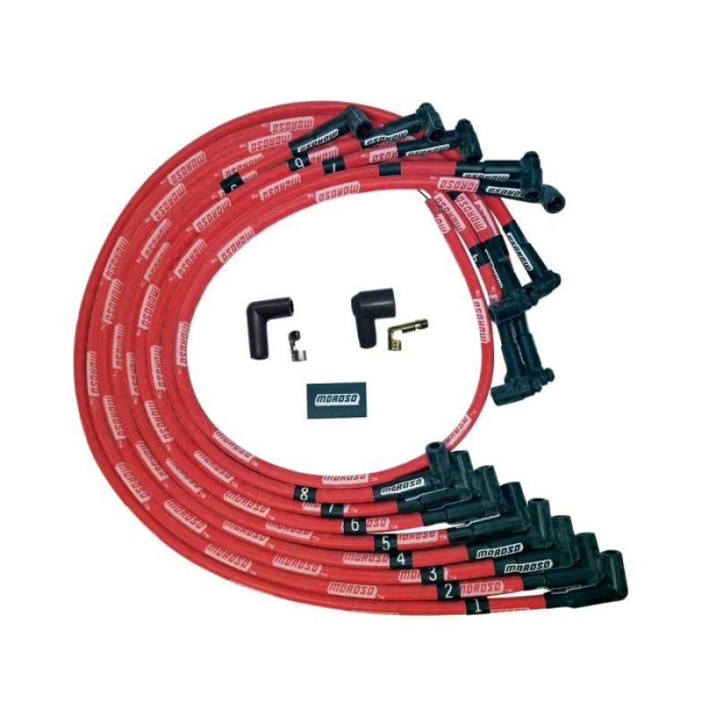 Moroso — Moroso SBC Under Header Sleeved HEI 90 Degree Boots Ultra Spark Plug Wire Set - Red