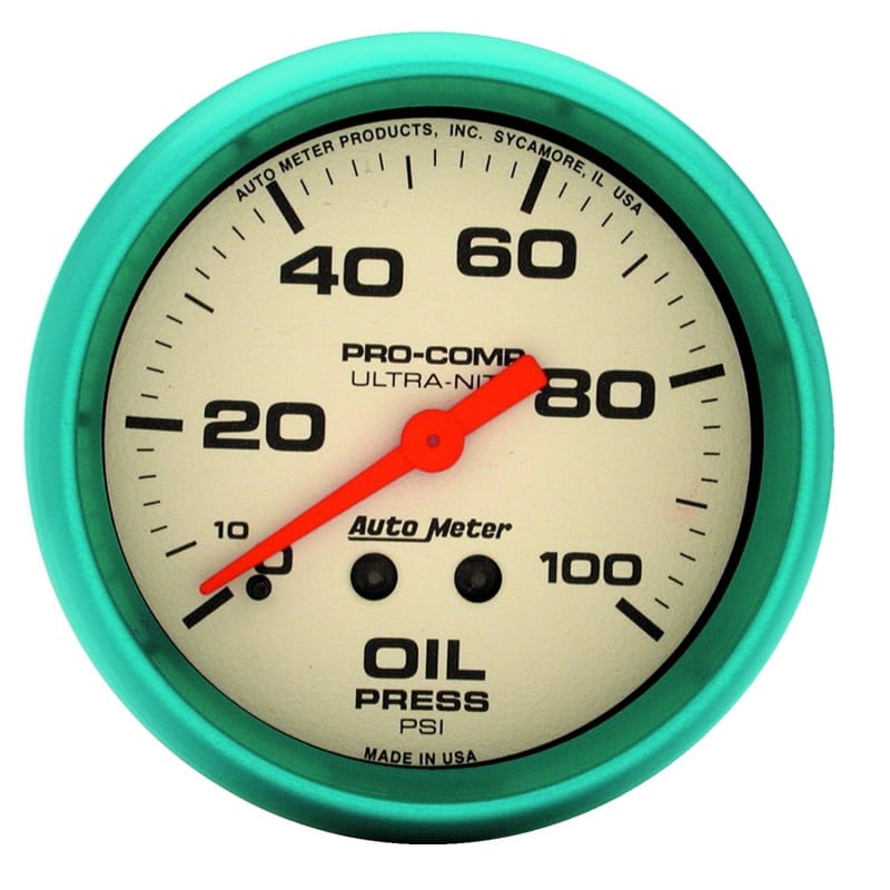AutoMeter — Autometer Ultra-Nite 66.7mm 0-100 PSI Mechanical Oil Pressure Gauge
GA 2.6" OP 100PSI UN