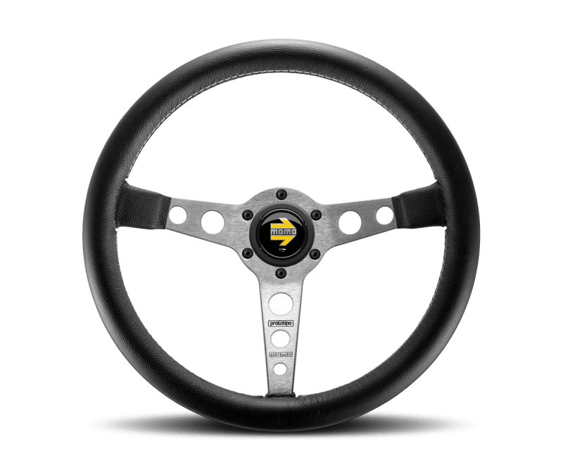 MOMO — Momo Prototipo Steering Wheel 350 mm - Black Leather/Wht Stitch/Brushed Spokes