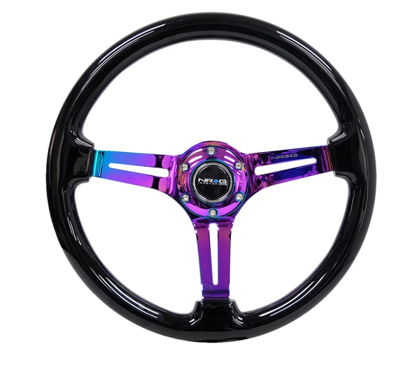 NRG — NRG Reinforced Steering Wheel (350mm / 3in. Deep) Blk Wood w/Blk Matte Spoke/Neochrome Center Mark