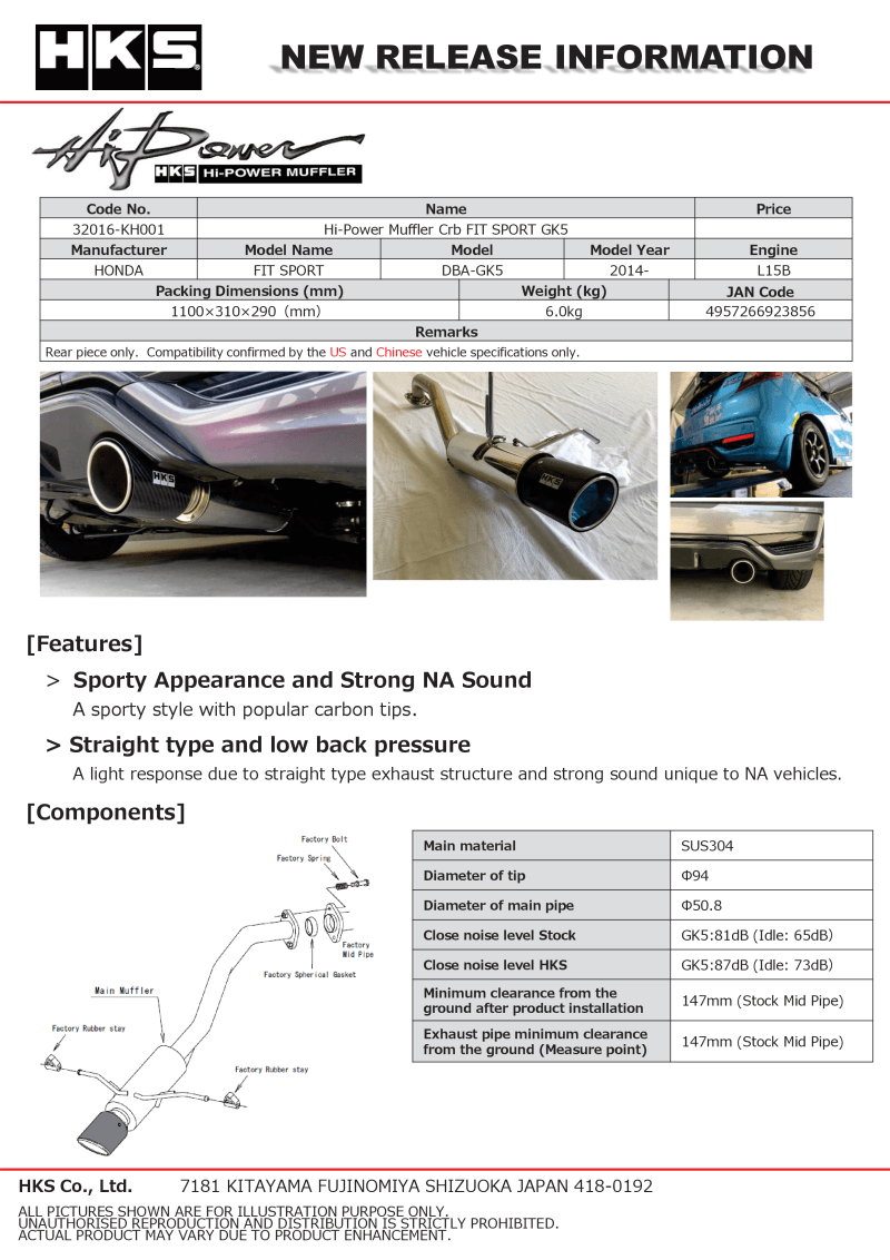 HKS — HKS Hi-Power Muffler 2014+ Honda Fit Sport GK5 w/ Carbon Tips