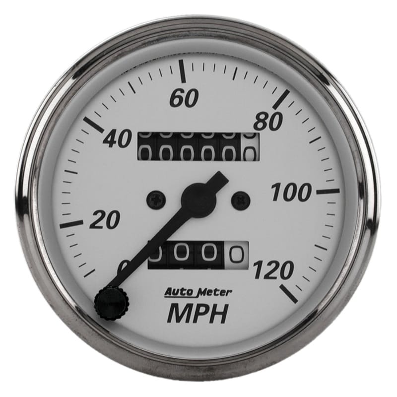 AutoMeter — Autometer 3-1/8in Silver Bezel/White Face 120mph Mechanical In-Dash Tacho/Speedometer w/ Trip Gauge
3-1/8" SPD MECH AP