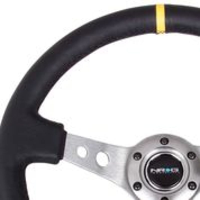 NRG — NRG Reinforced Steering Wheel (350mm / 3in. Deep) Blk Leather w/Gunmetal Cutout Spoke & Yellow CM