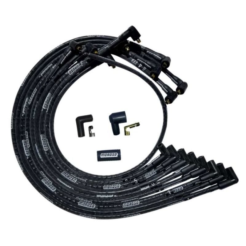 Moroso — Moroso SBC Under Header 90 Deg Plug Non-HEI Sleeved Ultra Spark Plug Wire Set - Black