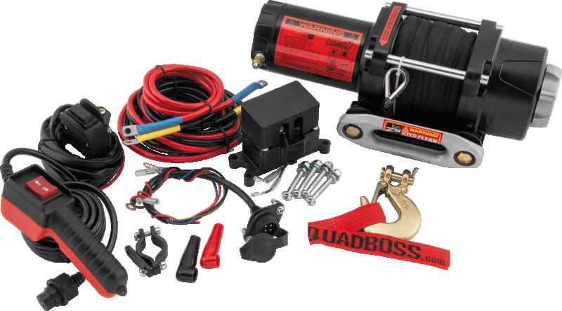 QuadBoss — QuadBoss Winch Kit - 39ft x 3/16in Synthetic Rope - 3hp - Hawse Fairlead - Wired Remote - 2500lb