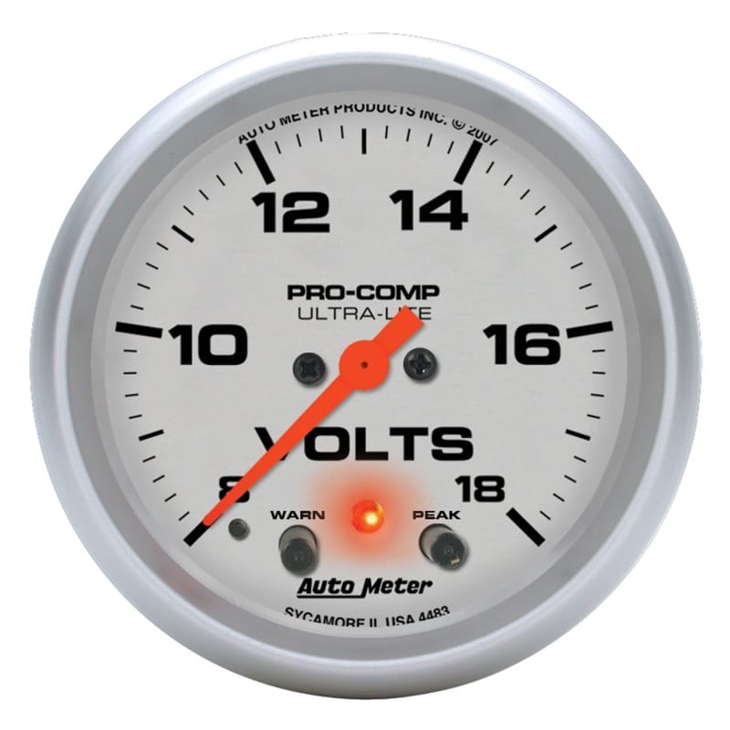 AutoMeter — Autometer Ultra-Lite 2 5/8in 18V Voltmeter w/ Peak & Warn
2-5/8" VOLTMETER, 8-