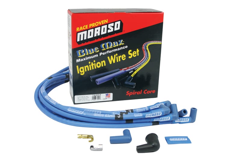 Moroso — Moroso Chevrolet Small Block Ignition Wire Set - Blue Max - Spiral Core - Sleeved - HEI - 90 Degree