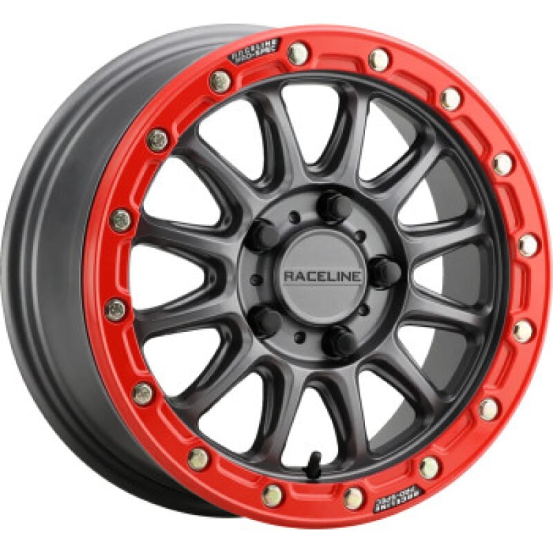 Raceline — Raceline A14GR Alpha 15x7in/4x156 BP/10mm Offset/132.5mm Bore - Gunmetal & Red Ring Beadlock Wheel