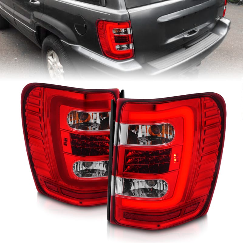 ANZO — ANZO 1999-2004 Jeep Grand Cherokee LED Tail Lights w/ Light Bar Chrome Housing Red/Clear Lens