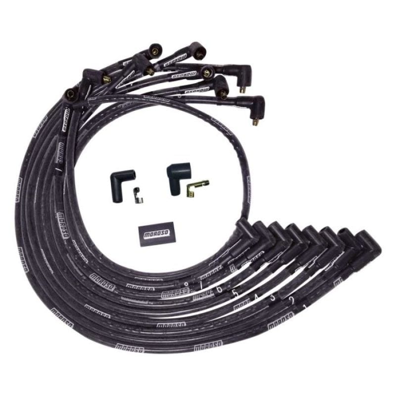 Moroso — Moroso BBC Under Header 90 Deg Plug End Non-HEI Sleeved Ultra Spark Plug Wire Set - Black