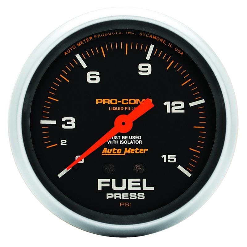 AutoMeter — AutoMeter Gauge Fuel Press 2-5/8in. 15PSI Liquid Filled Mech W/Isolator Pro-Comp
2-5/8" FUEL PRESS, 0