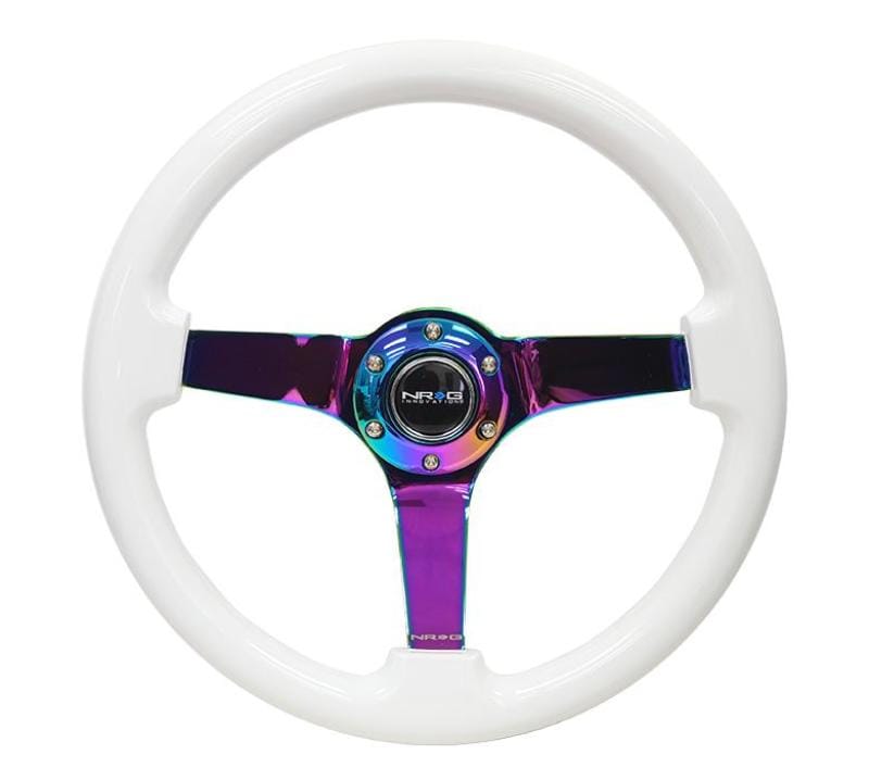 NRG — NRG Reinforced Steering Wheel (350mm / 3in. Deep) Classic White w/4mm Neochrome Solid 3-Spoke