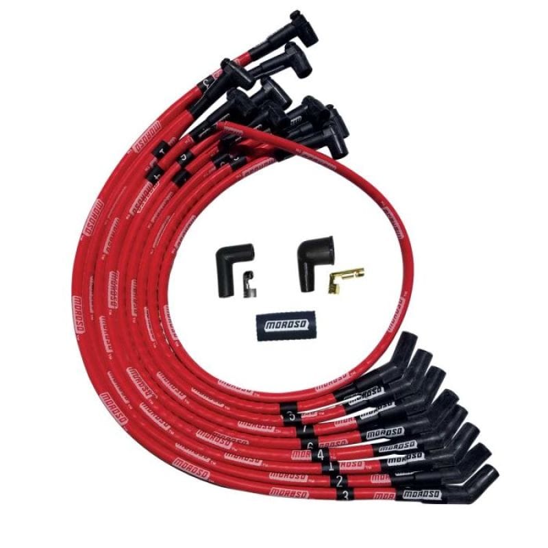 Moroso — Moroso SBC Over Valve Cover 135 Deg Plug HEI Sleeved Ultra Spark Plug Wire Set - Red