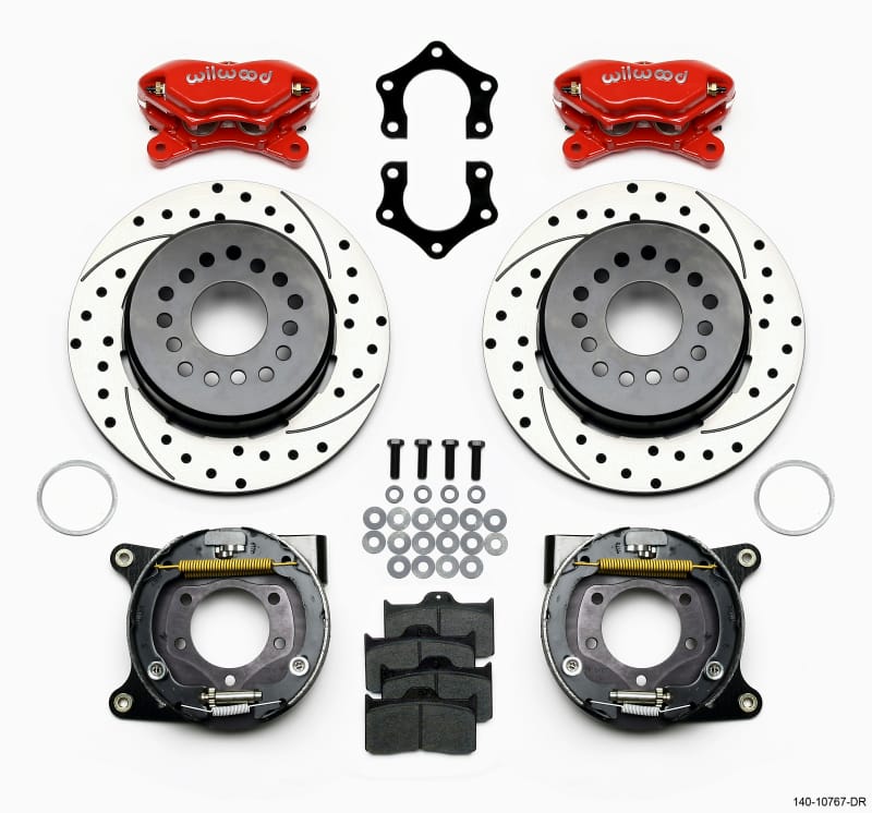 Wilwood — Wilwood Forged Dynalite P/S Park Brake Kit Drilled Red Mopar/Dana 2.50in Off w/Snap Ring Bearing
BRAKE KIT