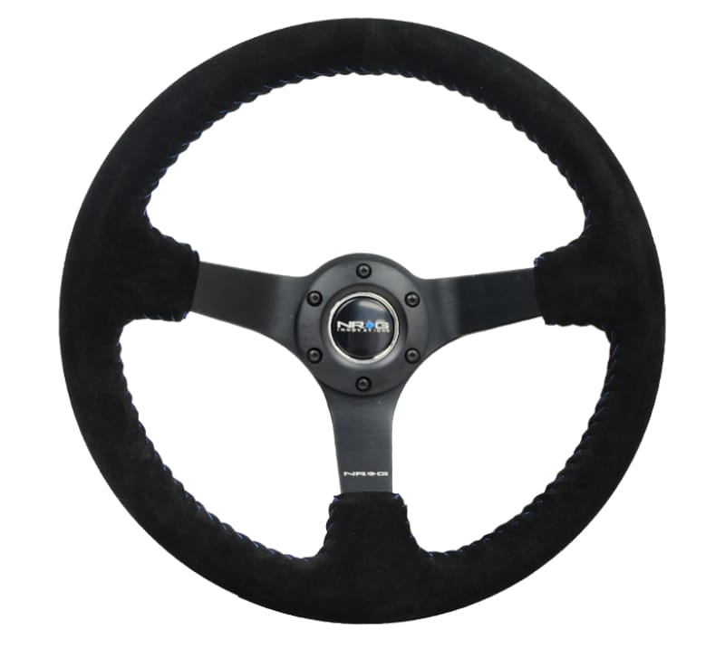 NRG — NRG Reinforced Steering Wheel (350mm / 3in. Deep) Blk Suede/Blue BBall Stitch w/5mm Matte Blk Spokes