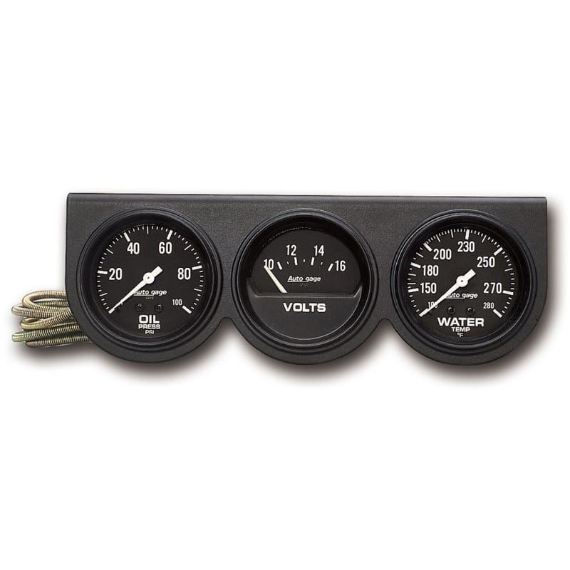AutoMeter — Autometer Autogage 66.7mm Mech 0-100PSI/0-16Volts/130-280 Deg F Oil Press/Volt/Water Temp Gauge
3 GA PNL OP/V/WT BLK