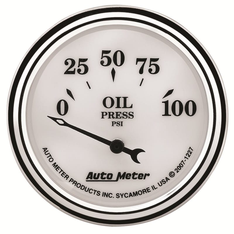 AutoMeter — AutoMeter Gauge Oil Press 2-1/16in. 100PSI Elec Old Tyme White II
2-1/16" OIL PRESS, 0