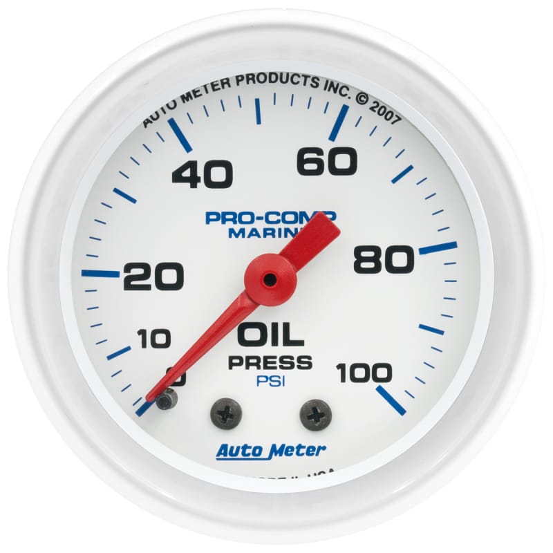 AutoMeter — Autometer Marine White 2 1/16in 100 psi Mechanical Oil Pressure Gauge
GA 2" OP 100PSI M MW