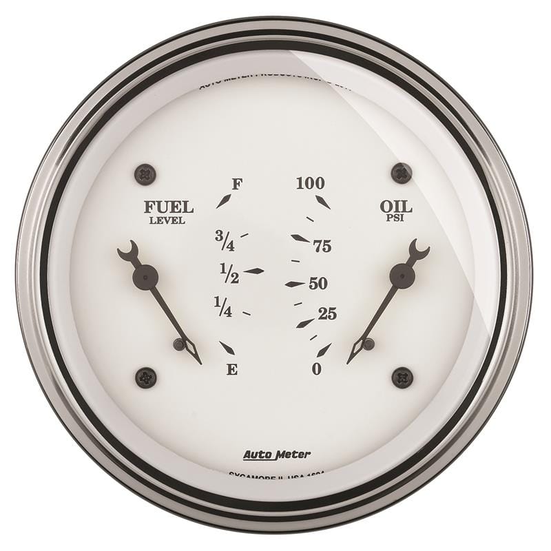AutoMeter — AutoMeter Gauge Dual Fuel & Oilp 3-3/8in. 0 Ohm(e) to 90 Ohm(f)& 100PSI Elec Old Tyme White
3-3/8" DUAL, FUEL LE