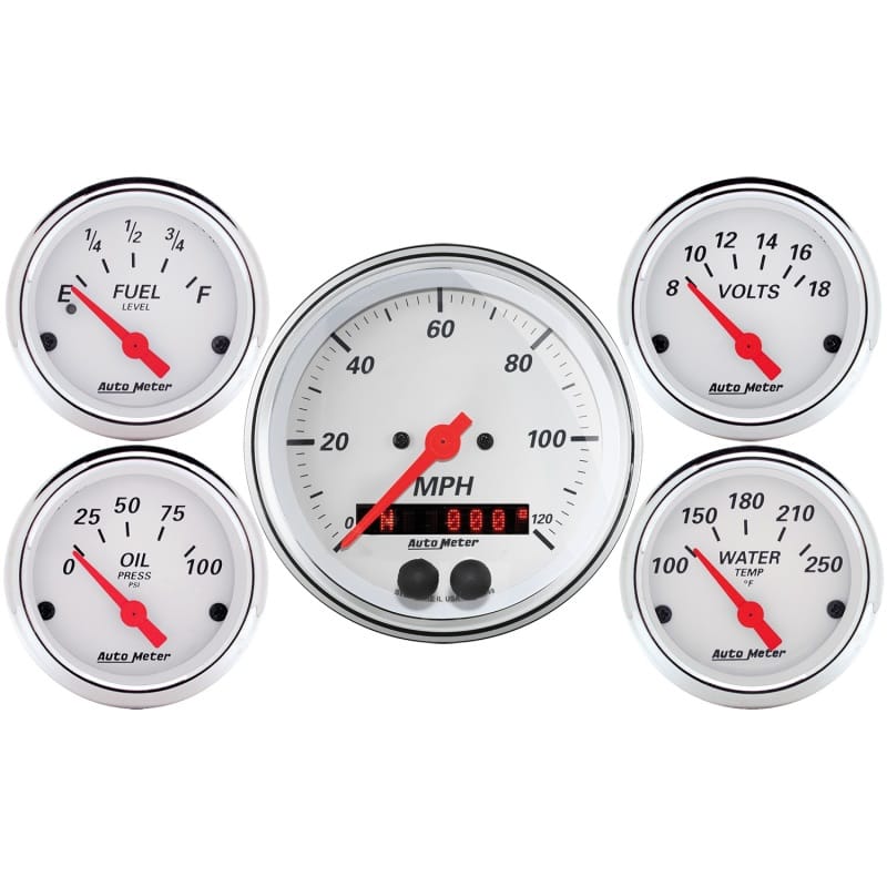 AutoMeter — Autometer Arctic White 3-3/8in Electric Speedometer with 2-1/16in Volt/Water/Oil/Fuel
GA KT 5PC GPS SPD AW