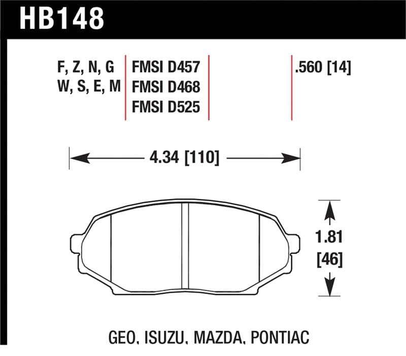 Hawk Performance — Hawk 90-93 Geo Storm / 90-92 Isuzu Impulse / 90-93 Mazda Miata DTC-60 Front Race Brake Pad
Disc Brake Pad
