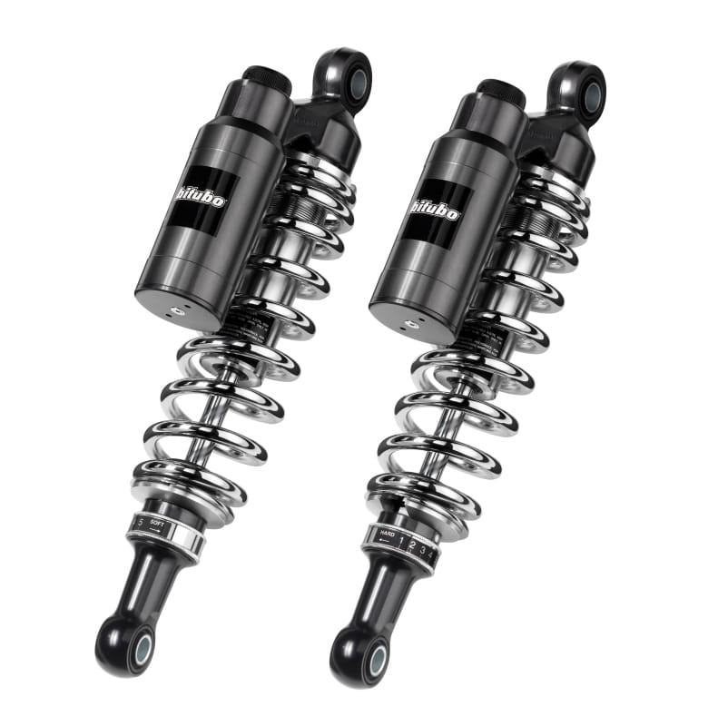 Bitubo Suspension — Bitubo WMT0 Twinshocks Adj.: Spring Preload, Reb., Comp., Length 330mm, Piggyback Tank, Chr Edition