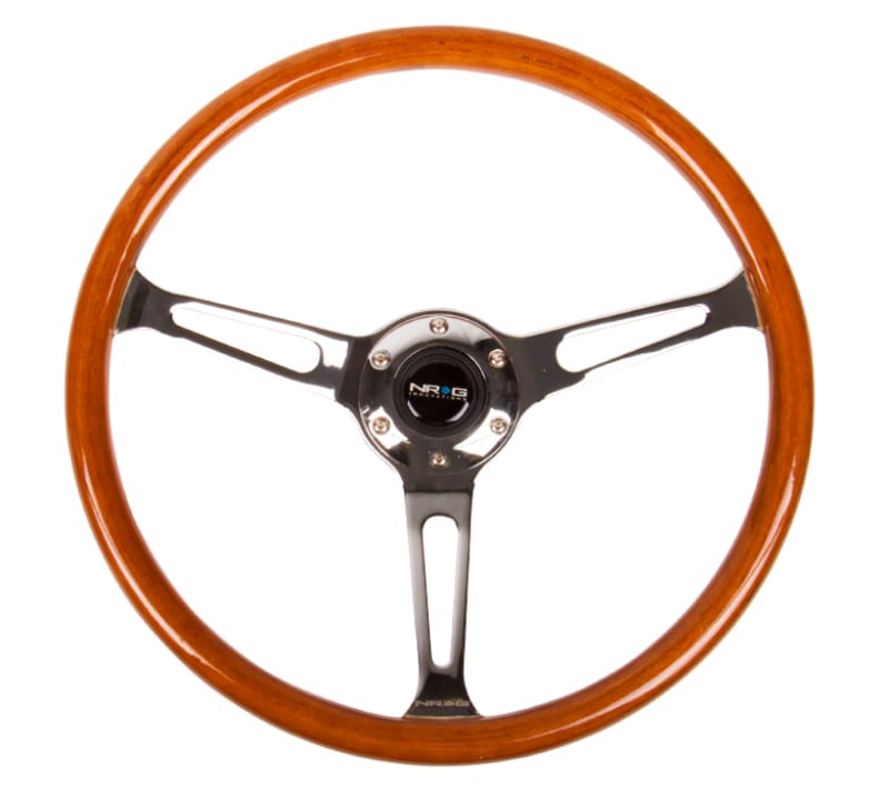 NRG — NRG Reinforced Steering Wheel (360mm) Classic Wood Grain w/Chrome Cutout 3-Spoke Center