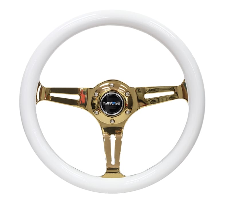 NRG — NRG Classic Wood Grain Steering Wheel (350mm) White Grip w/Chrome Gold 3-Spoke Center