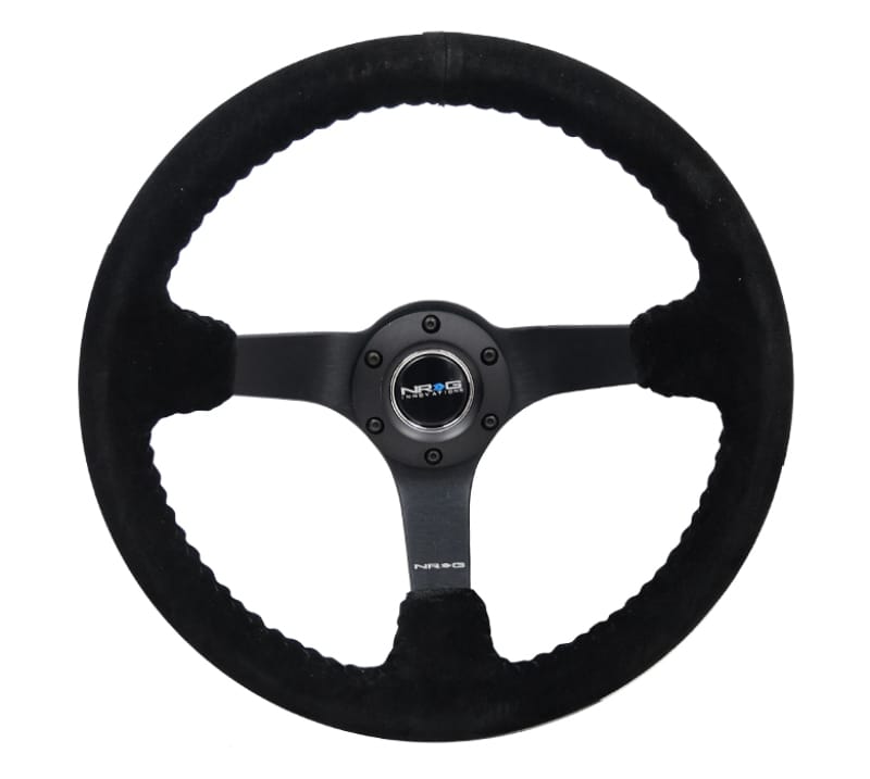 NRG — NRG Reinforced Steering Wheel (350mm / 3in. Deep) Blk Suede/Blk Bball Stitch w/5mm Matte Black Spoke