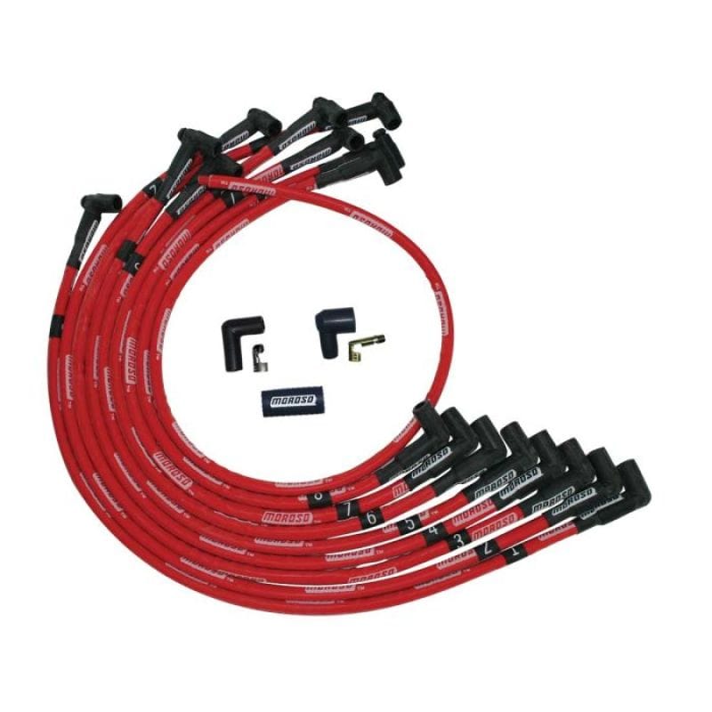 Moroso — Moroso SBC Over Valve Cover 90 Deg Plug HEI Sleeved Ultra Spark Plug Wire Set - Red