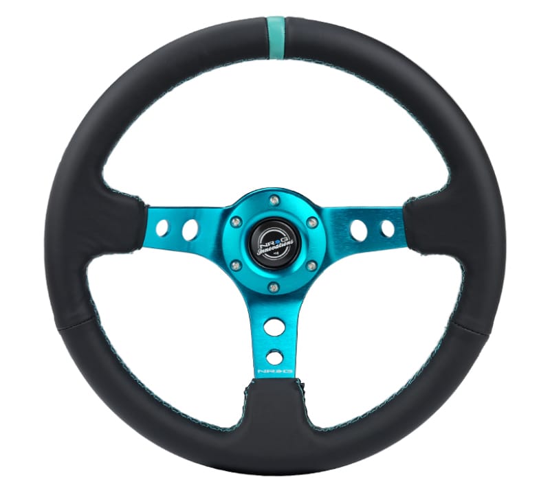 NRG — NRG Reinforce Steering Wheel (350mm / 3in. Deep) Blk Leather, Teal Center Mark w/ Teal Stitching