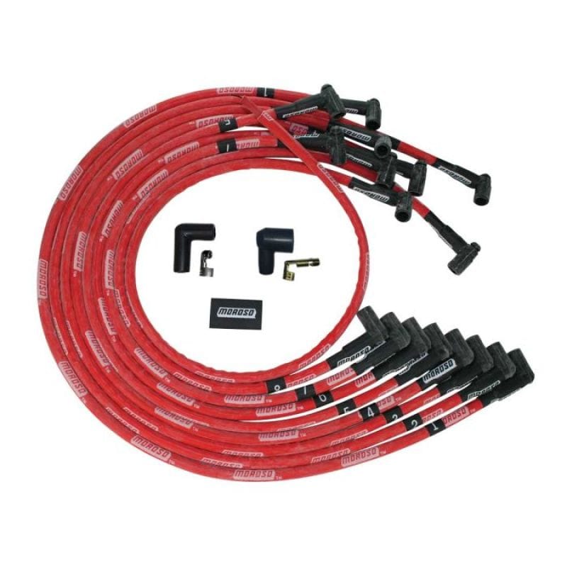 Moroso — Moroso BBC Under Header 90 Deg Plug Boots HEI Sleeved Ultra Spark Plug Wire Set - Red