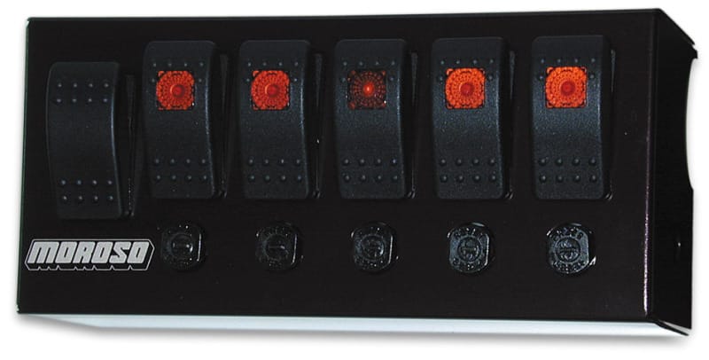 Moroso — Moroso Rocker Switch Panel - Cage Mount - LED - 3.75in x 8in - Five On/Off Switches