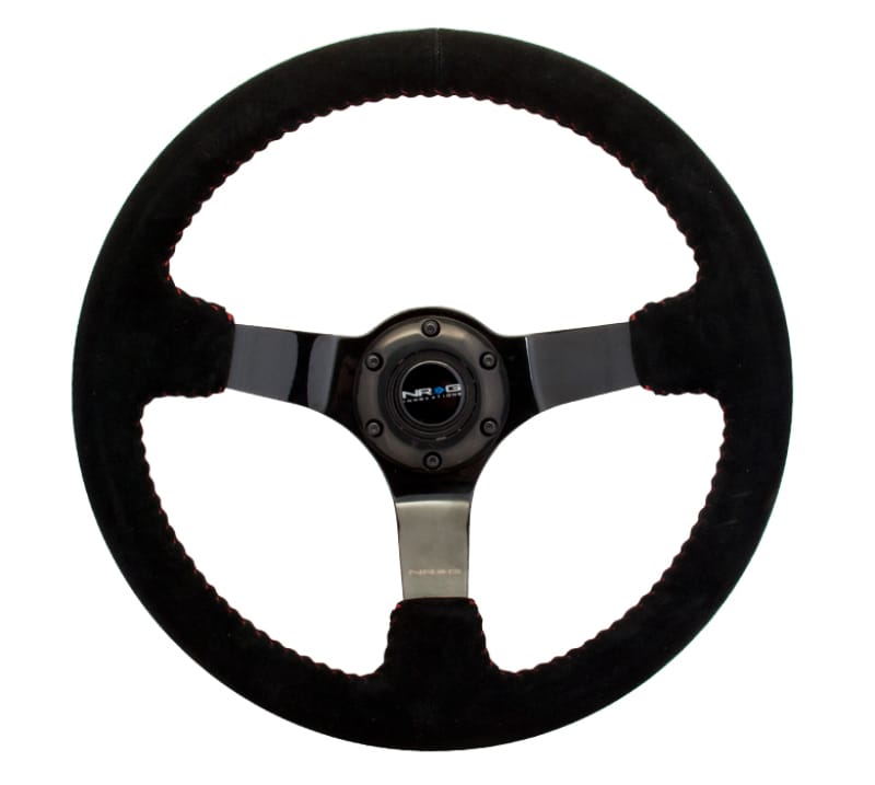 NRG — NRG Reinforced Steering Wheel (350mm / 3in. Deep) Blk Suede w/Red BBall Stitch & Black 3-Spoke