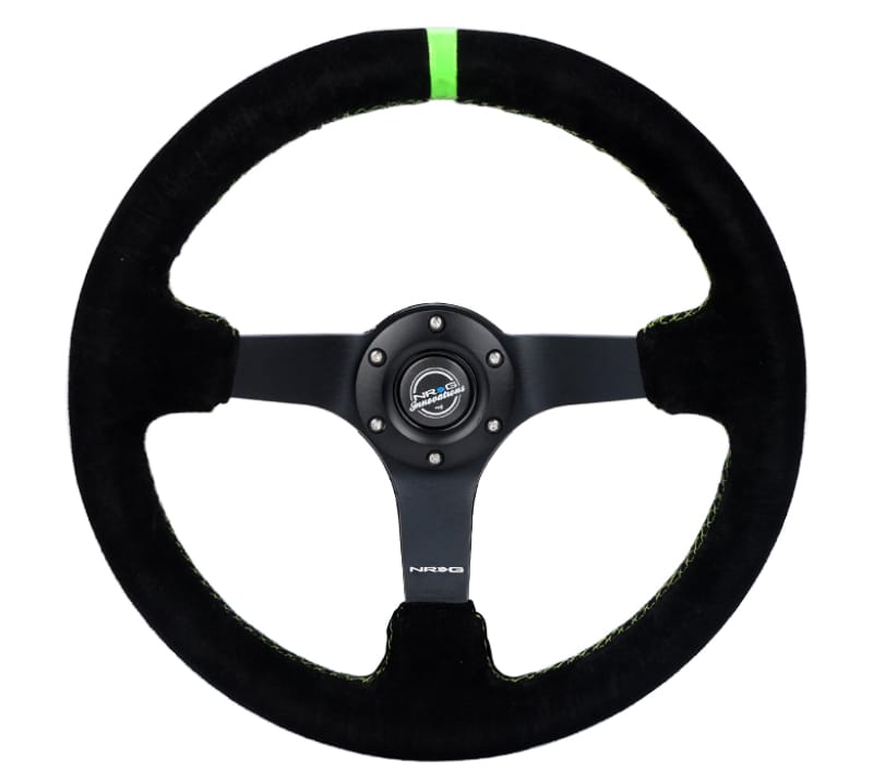 NRG — NRG Reinforced Steering Wheel 350mm/3in. Deep Blk Suede/ Neon Green Stitch w/5mm Matte Black Spoke