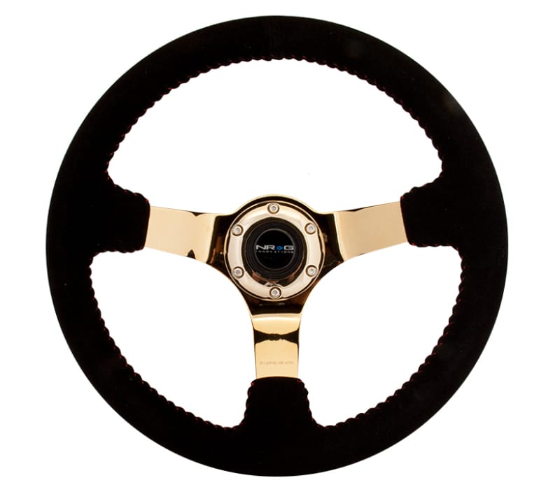 NRG — NRG Reinforced Steering Wheel (350mm / 3in. Deep) Blk Suede w/Red BBall Stitch & Chrome Gold 3-Spoke