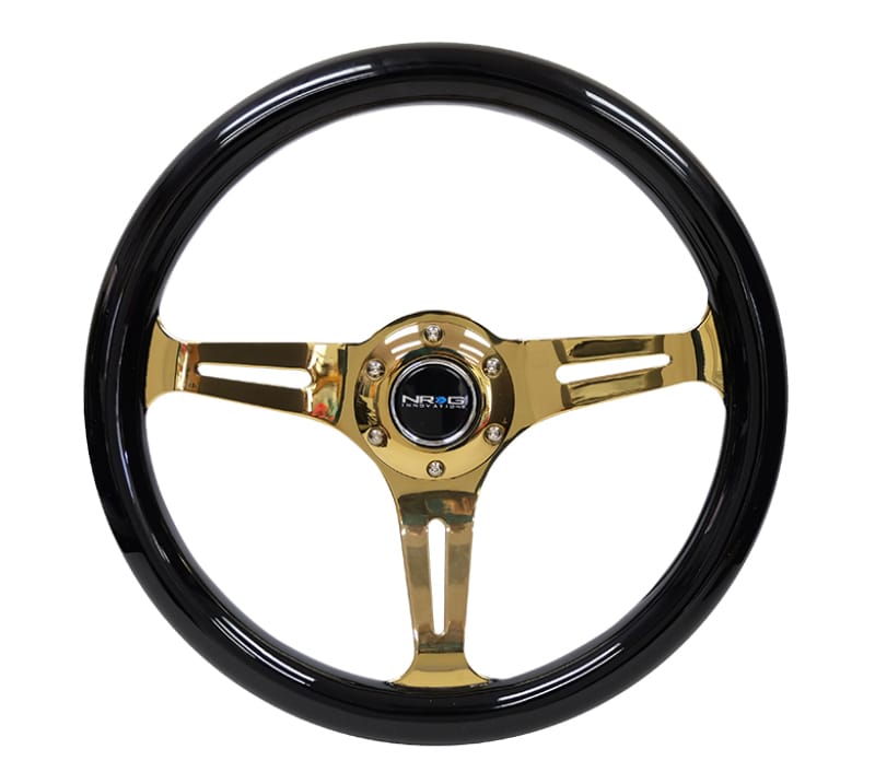 NRG — NRG Classic Wood Grain Steering Wheel (350mm) Black Grip w/Chrome Gold 3-Spoke Center