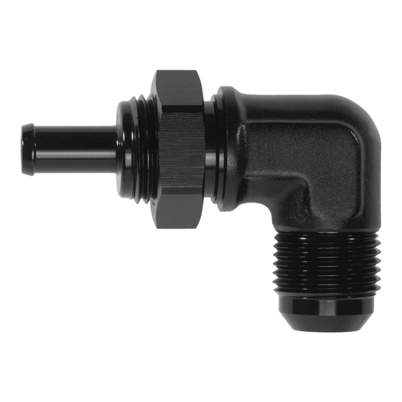 DeatschWerks — DeatschWerks 10AN Male Flare Bulkhead to 3/8in Hose Barb 90-Degree
Lines & Fittings