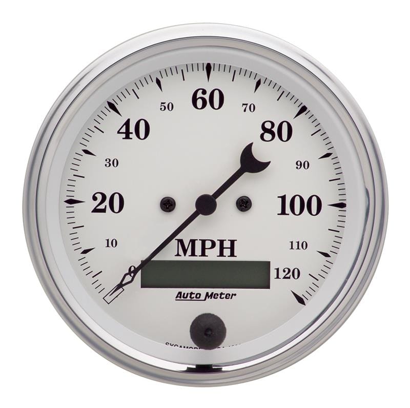 AutoMeter — AutoMeter Gauge Speedo. 3-3/8in. 120MPH Elec. Prog. W/ Lcd Odo Old Tyme White
3-3/8" SPEEDO, 120 M