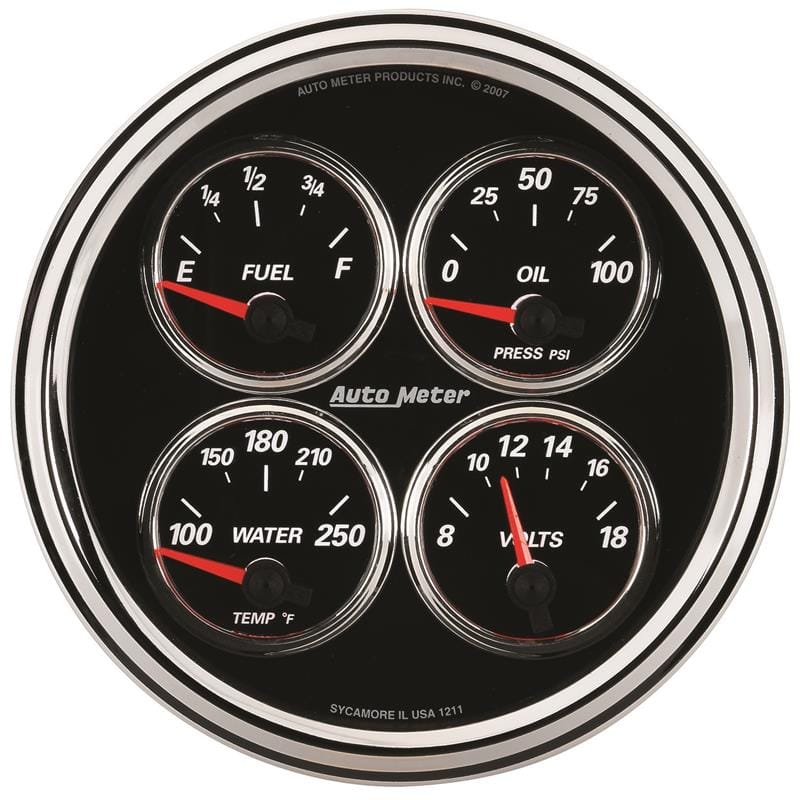 AutoMeter — Autometer Designer Black II 100PSI/100-250 Deg F/8-18 Volt Oil Press/Water Temp/Volt/Fuel Quad Gauge
GA 5" QD 0-90 DBII