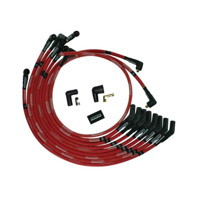 Moroso — Moroso SB Ford 351W 135 Deg Plug Boots Non-HEI Sleeved Ultra Spark Plug Wire Set - Red