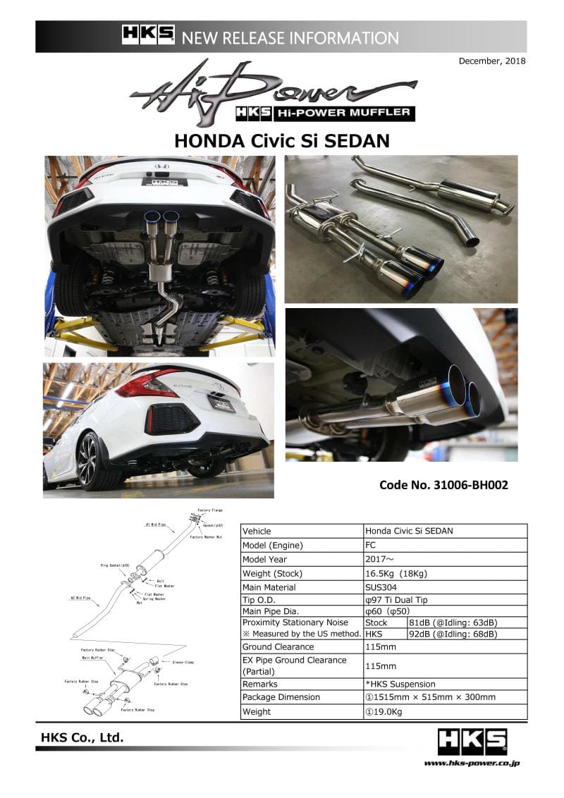 HKS — HKS 17+ Honda Civic Si Sedan (FC) Hi-Power Muffler Exhaust